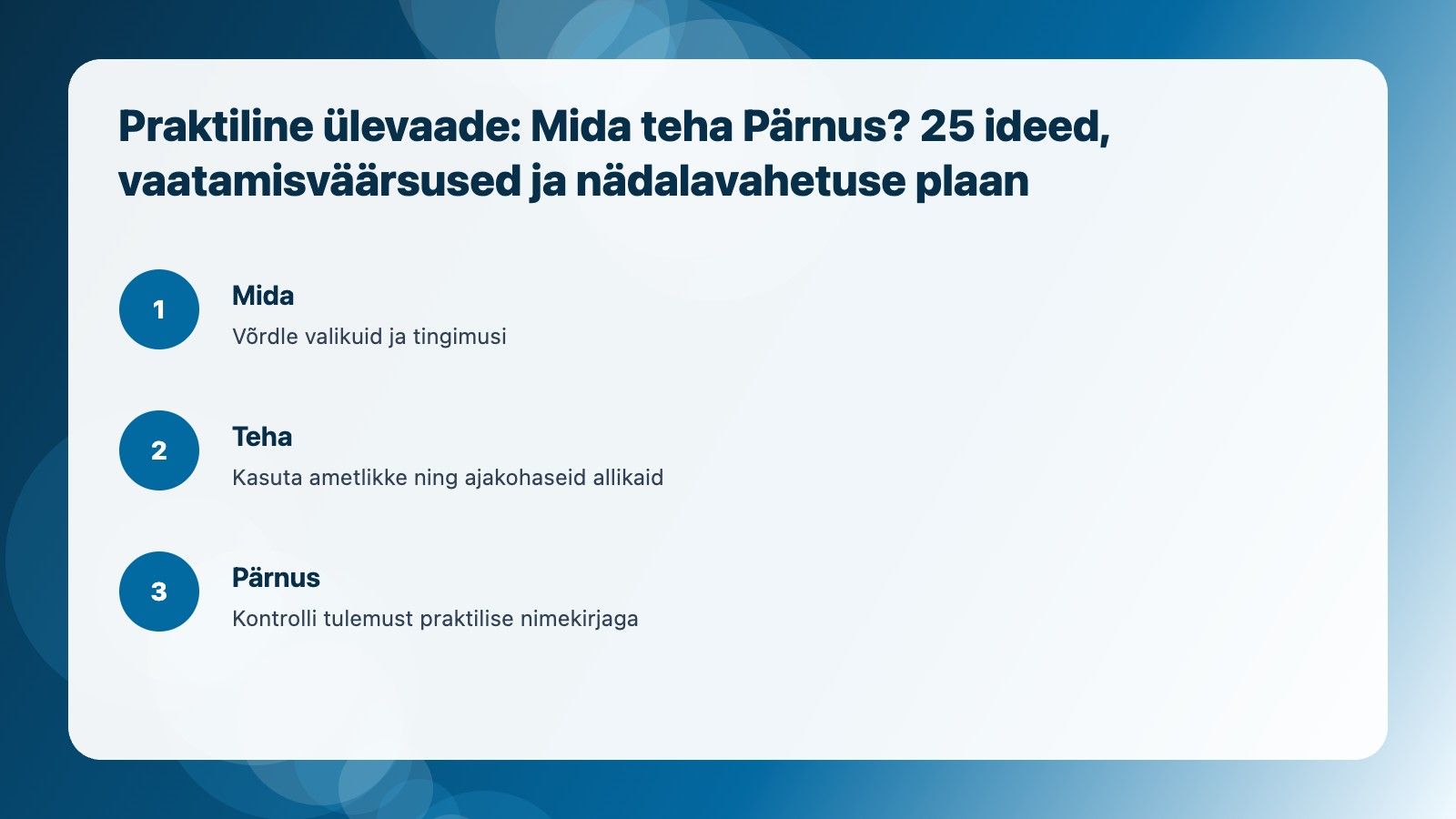 Visuaalne ülevaade: Mida teha Pärnus? 25 ideed, vaatamisväärsused ja nädalavahetuse plaan